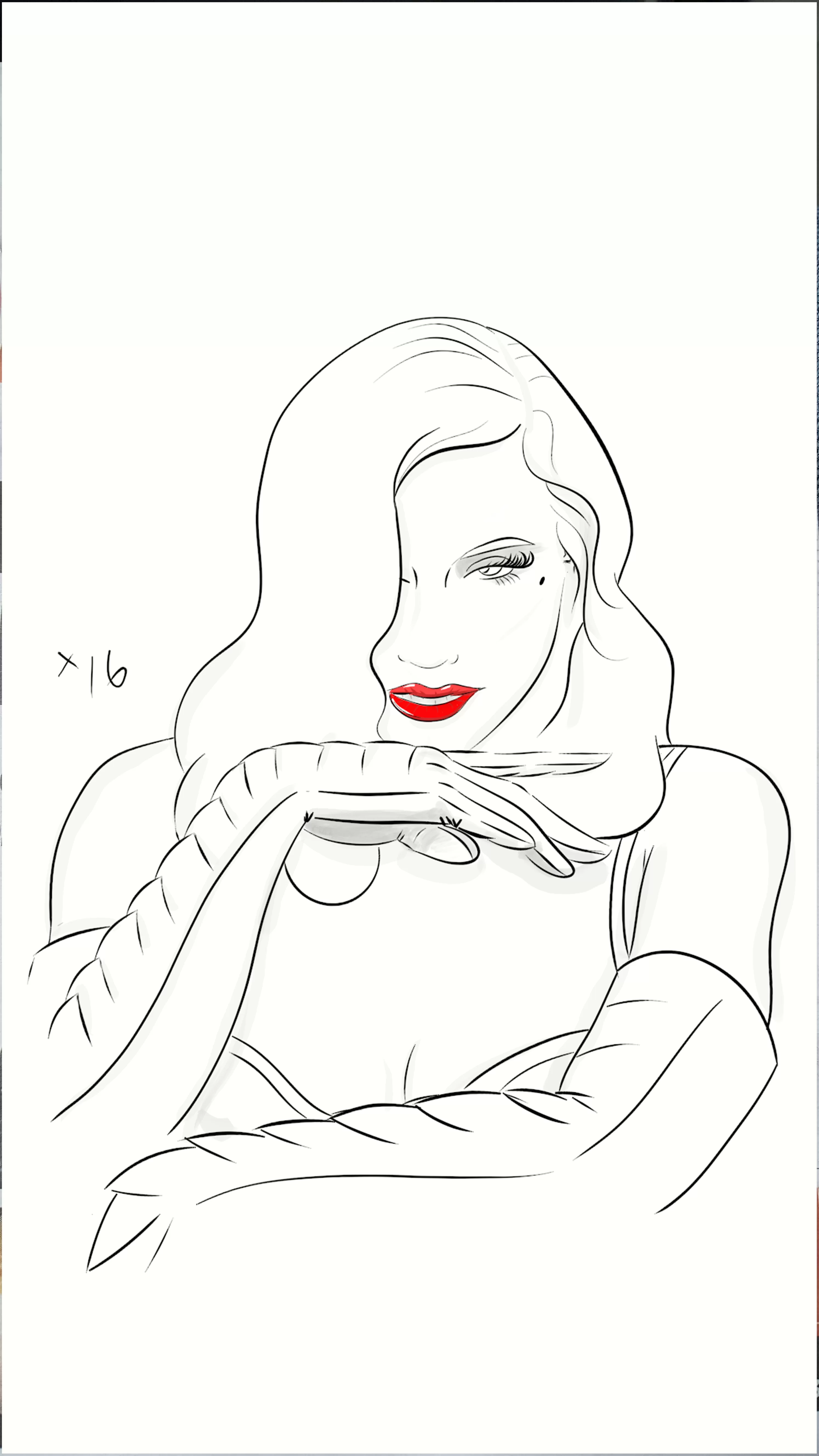 line sketch of dita von teese as superwoman emma frost