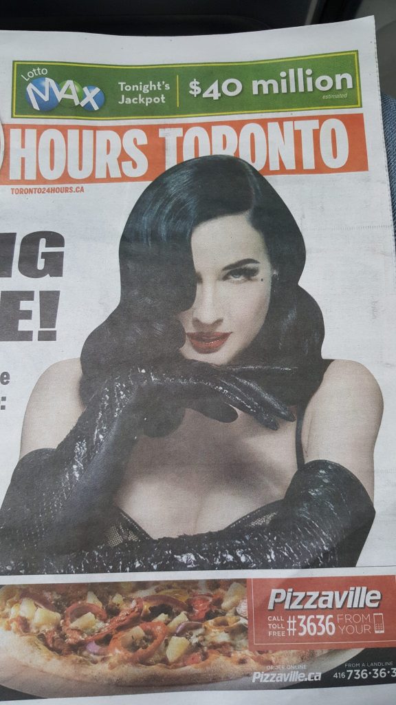 picture of dita von teese on the front of 24 hours newspaper in toronto